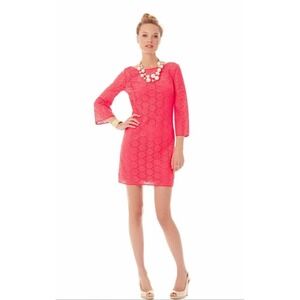 Lilly Pulitzer Coral Pink Lace Shift Dress 3/4 Bell Sleeve Scoop Back Small